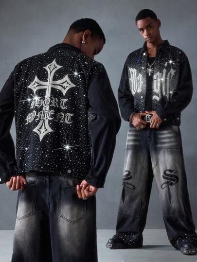 Street Life Giacca di jeans da uomo con maniche lunghe, decorata con strass e stampa