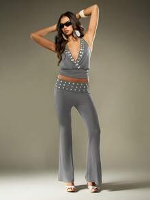 MISSGUIDED 女式铆钉腰带喇叭裤，带翻折腰带 - 灰色 - 查看 4