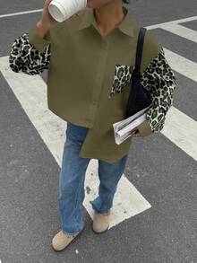 Siren Gaze 女士豹纹拼布长袖休闲衬衫，简约复古风女衬衫，女式衬衫，街头风衬衫，豹纹衬衫 - 軍綠色 - 查看 5