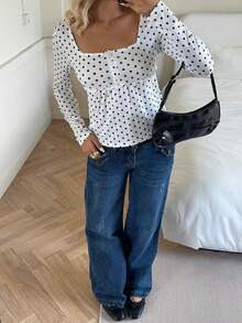 SHEIN EZwear 女式休闲白色波尔卡圆点方领长袖修身T恤，秋季 - 白色 - 查看 6