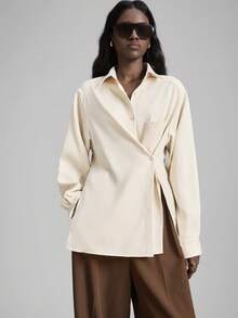 Ontre 2025新款秋冬女装,派对、新年女士衬衫,女士冬季服装,四季皆宜,纯色杏色/米色,长袖,宽松版型,梭织面料,不对称设计,时尚百搭,女士办公室/工作服,万圣节、圣诞节,都市时尚,优雅,纽扣,前开襟,女士衬衫,女士上衣,休闲装,商务休闲装,通勤装,舒适简约,时尚百搭女式衬衫 - 卡其色 - 查看 8