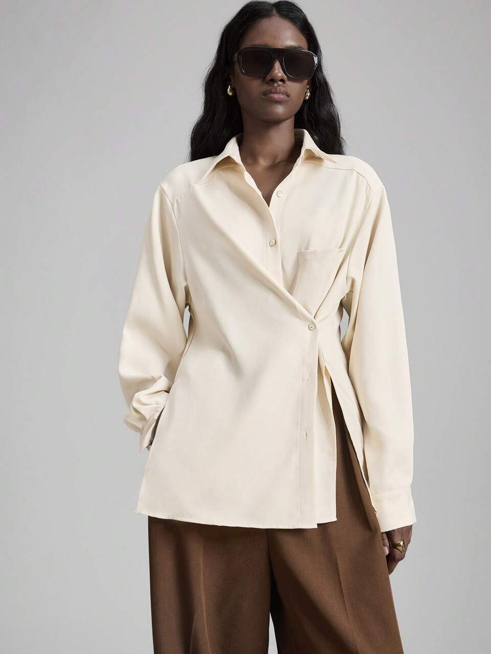 Women's Shirt,Elegant Cream White Winter Blouse,Office Long Sleeve Loose Fit Asymmetric Design Woven Top,Business Casual Commute Minimalist Apparel