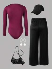 Bộ 2 áo thun tay dài ôm sát in họa tiết bướm thanh lịch cho bé gái tuổi teen, thích hợp cho các buổi hẹn hò và đi chơi, thích hợp cho mùa thu và mùa xuân - Màu Đỏ Sâu - Xem 2