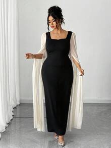 Elenzga Plus Size Women Elegant Waist Fitted Black & White Mesh Sleeve Dress Fall Cloth For Women - Black - View 3