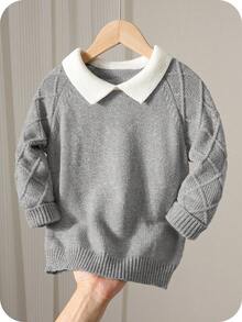 SHEIN 男童卡其色纹理休闲舒适百搭撞色领厚毛衣，适合返校、秋冬季