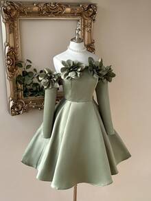 Lovelzi Elegant Stereo Floral Off-Shoulder A-Line Long Sleeve Dress, Wedding Guest Dress, Suitable For Evening Party, Gala, Ball, Prom Dress - Green - View 7