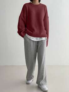 DAZY Áo len chui đầu dệt kim cổ tròn vai trễ màu trơn thường ngày cho nữ - Màu Đỏ Sâu - Xem 3