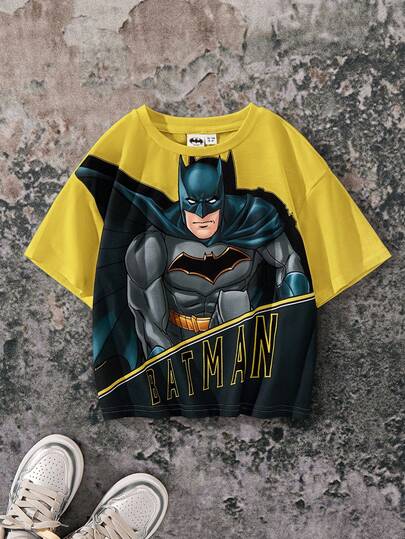BATMAN X SHEIN 85th Jeune garçon T-shirt casual à manches courtes avec imprimé héros de dessin animé , été