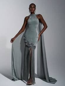 Elitara 优雅、浪漫、性感、简约、灰绿色、天鹅绒面料、流苏装饰、手工串珠、亮片拖尾、时尚、节日、度假、生日派对、婚礼活动、正式晚礼服 - 綠色 - 查看 6