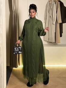 Maweii Plus Size Women Solid Stand Collar Double Slit Long Mesh Two Pieces Sweater Dress Setwinter Christmas Summer Party Elegant New Year - Green - View 4