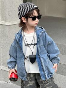 DAZY 幼儿男童宽松休闲连帽牛仔夹克和外套，街头酷炫风格，秋季 - 藍色 - 查看 2