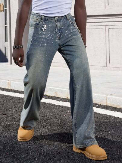 Street Life Jeans amples ornés de strass pour hommes avec poches