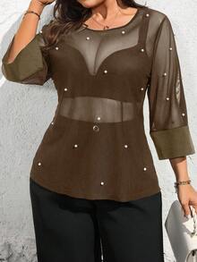 Elenzga Áo thun tay ngắn thanh lịch cổ tròn lưới mỏng cỡ lớn dành cho nữ dự tiệc, ngày lễ tình nhân, thời trang thường ngày, xuân/hè - màu nâu - Xem 3