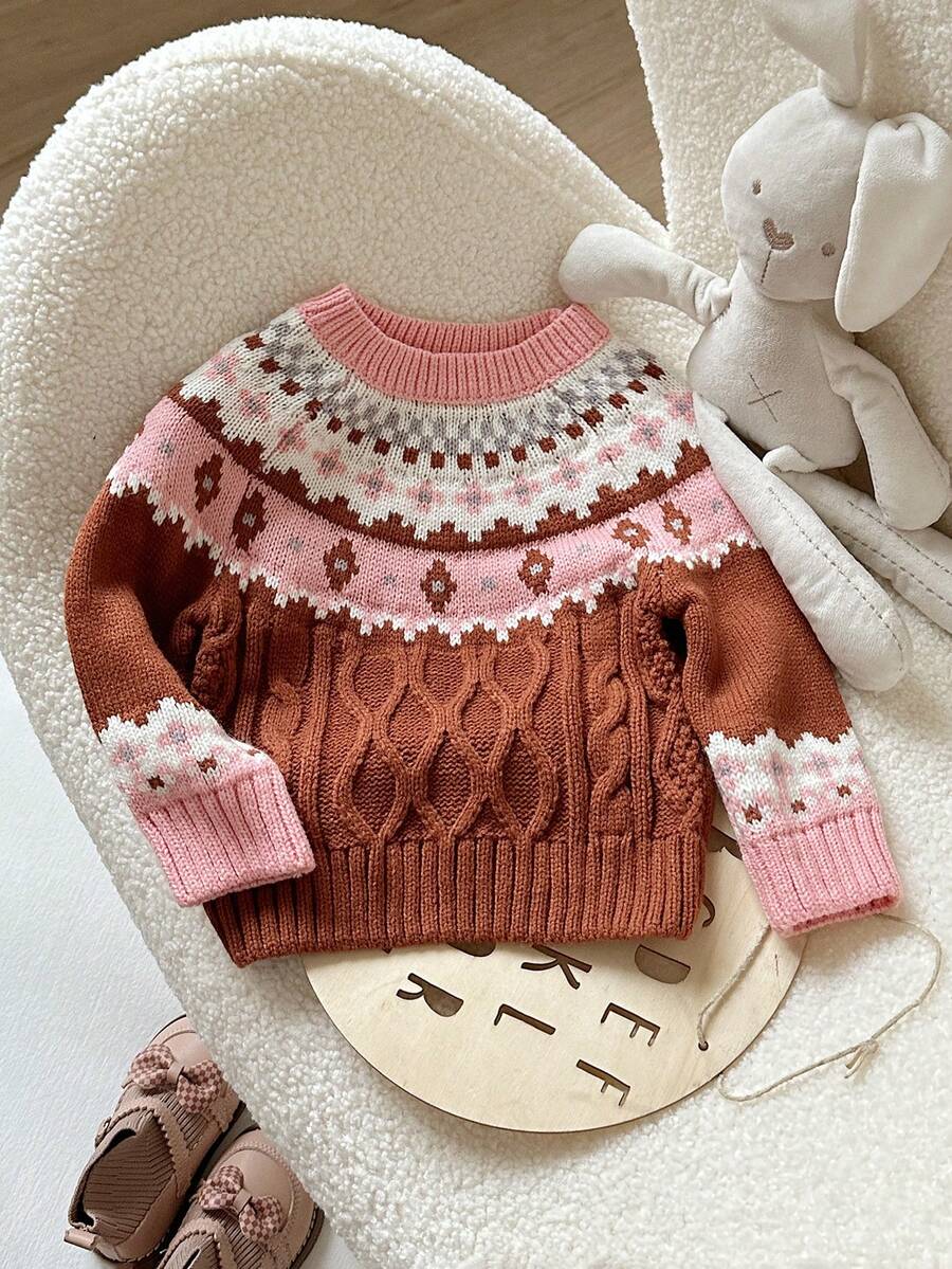 SHEIN Infant/Toddler Retro Floral Pattern Knit Sweater - Brown - View 1