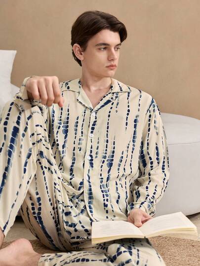 EverLounge Old Money ชุดนอนแขนยาวพิมพ์ลายเรียบง่ายสำหรับผู้ชาย Night Wing ทรงหลวมสไตล์ญี่ปุ่นสำหรับผู้ชายออกไปข้างนอก เสื้อผ้าฤดูใบไม้ร่วง