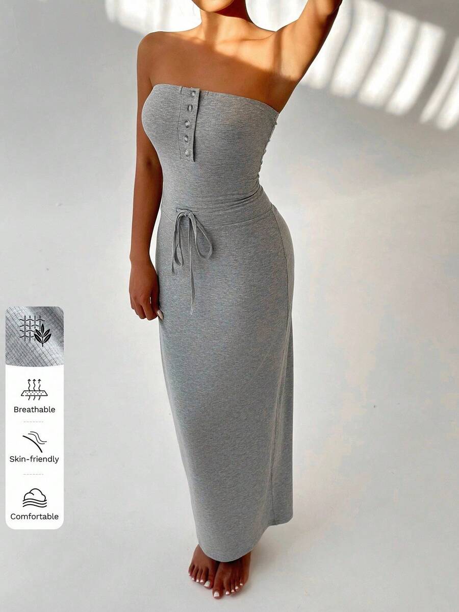 FavEase Damen Lässig einfarbiges Bodycon Tube Kleid mit Tunnelzug in der Taille, ganzjährig tragbar
