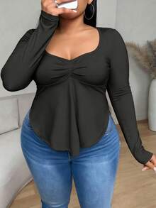 SHEIN Sports قطعة واحدة سويت شيرت صيفي أسود مقاس كبير متوسط بياقة سكوب وحبل شد، تصميم مريح وصديق للبشرة مع خياطة، ملابس رياضية كاجوال للخارج - الأسود - مشاهدة 3