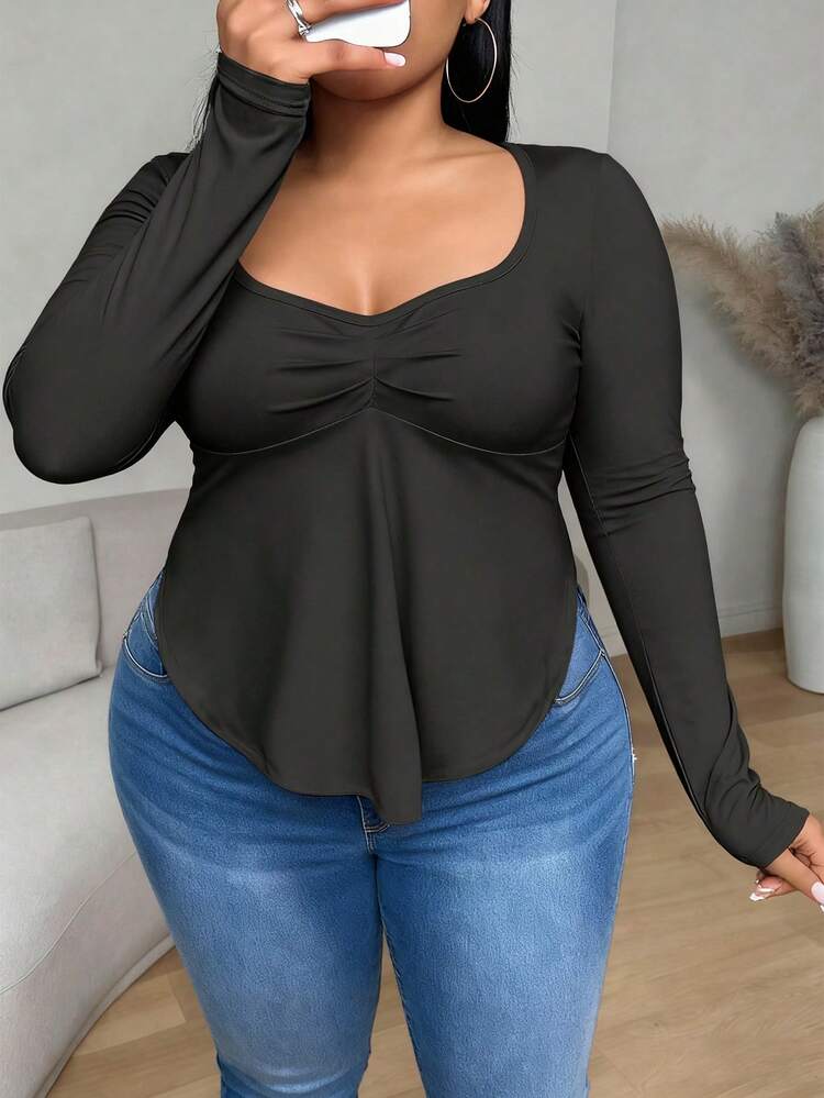 SHEIN Sports 1pc Plus Size Black Summer Midsize Hiking Scoop Neck Drawstring Pullover Sweatshirt,Comfortable Skin-Friendly Stitched Design,Outdoor Casual Sports Top - Black - View 3