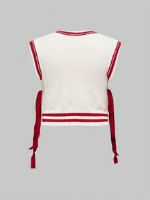 ROMWE Kawaii 大码女式情人节樱桃刺绣蝴蝶结针织背心 - 杏色 - 查看 2