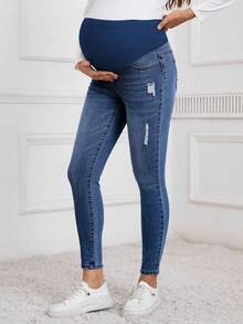SHEIN Winter Maternity Casual Washed Distressed Skinny Jeans - Dark Wash - View 5