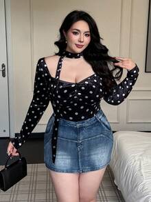 Flirla Women's Plus Size Long Sleeve Velvet Polka Dot Patchwork Lace T-Shirt - Black - View 3