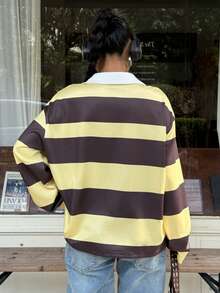 Muchica 女士休闲日常通勤字母刺绣撞色条纹图案 Polo 领落肩宽松 T 恤，春/秋 - 彩色 - 查看 2