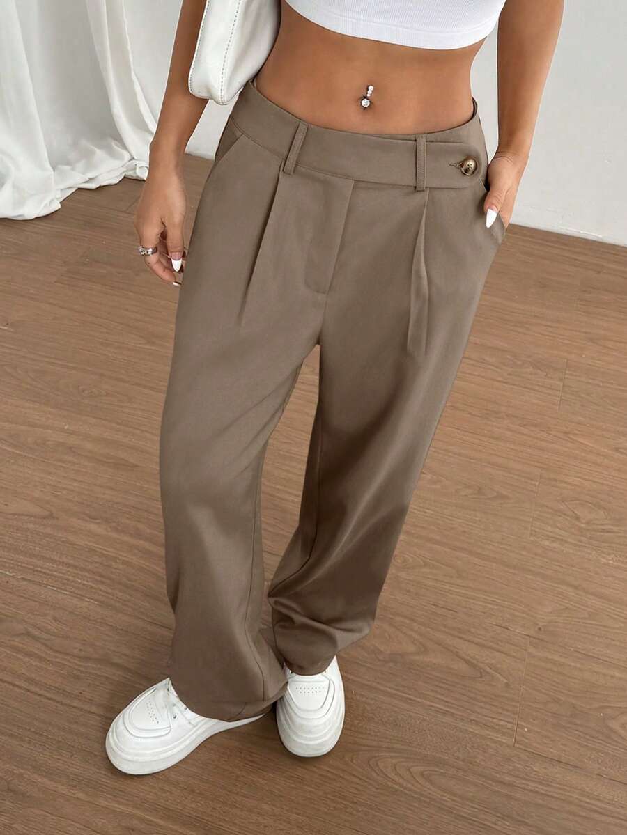 Flirla 1 件女士不对称腰部休闲、日常、通勤、购物卡其裤 - 摩卡棕 - 查看 1