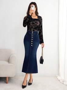 Elenzga Women's Button Front Pocket Fishtail Hem Elegant Denim Skirt - Dark Wash - View 7