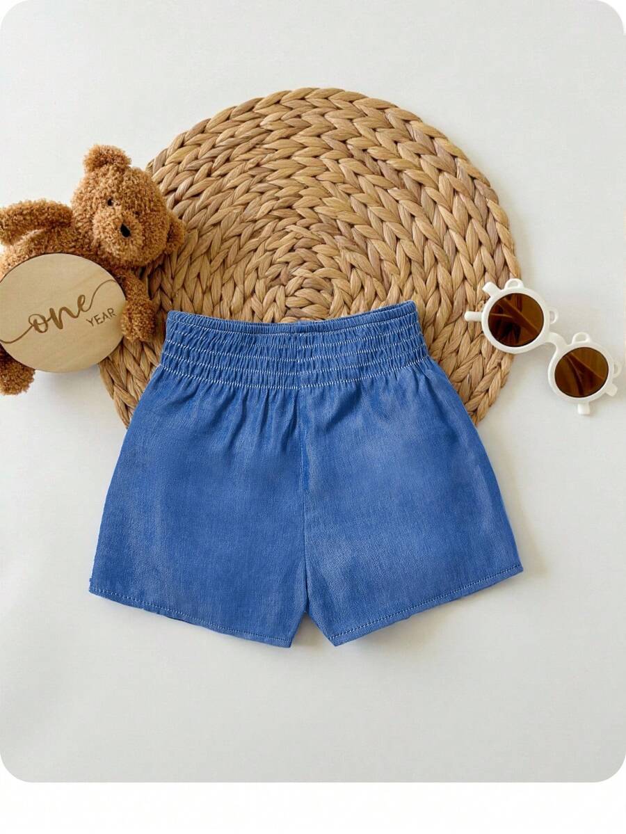 SHEIN Quần short cạp chun đơn giản, đa năng, thoải mái cho bé gái, nhẹ nhàng cho mùa hè - Màu xanh lam - Xem 1