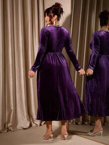 Cravure Plus Size Women's Solid Color Velvet Patchwork Rhinestone Ruffle Trim Round Neck Puff Sleeve Pleated Waist Maxi Dress, Suitable For Party And Gathering - Purple - View 2