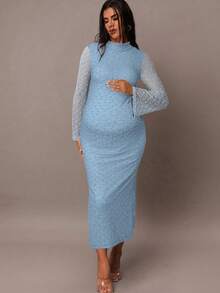 MaterniChic 优雅派对喇叭袖修身孕妇装 - 藍色 - 查看 4