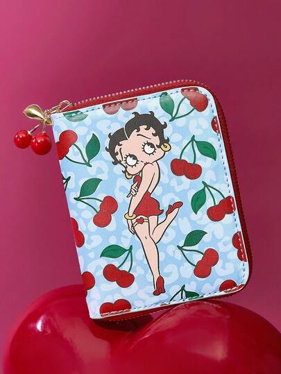 Betty Boop x SHEIN 1 st. söt tecknad sexig leopard- och körsbärsmönstrad dragkedja i pu-läder, kort plånbok, organfack, kortförvaring, lämplig för kvinnor, lekfull, presentidéer, fest, helgdag, alla hjärtans dag