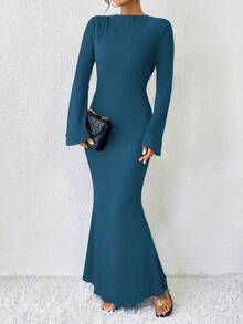 Chiquease Trumpet Sleeves Mermaid Hem Dress Maxi Women Outfit - Green - View 3