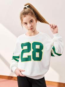 JNSQ Tween Girls Casual Loose Fit Graphic Print Crew Neck Long Sleeve Sweatshirt, Suitable For School, Outdoor Activities, Vacation, Streetwear, Party And Leisure, Autumn/Winter - White - View 1