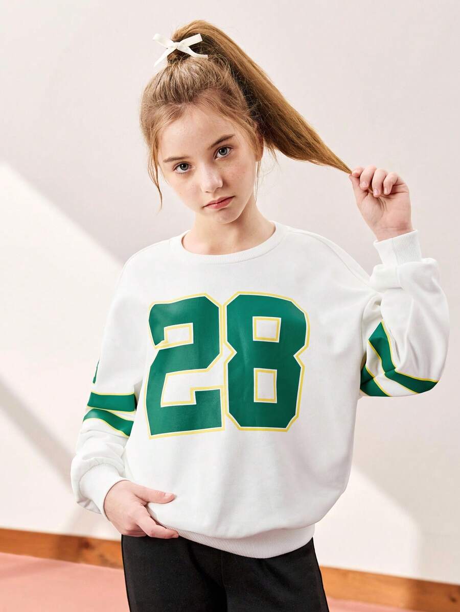 JNSQ Tween Girls Casual Loose Fit Graphic Print Crew Neck Long Sleeve Sweatshirt, Suitable For School, Outdoor Activities, Vacation, Streetwear, Party And Leisure, Autumn/Winter - White - View 1