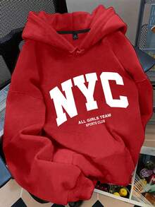 Flirla Sweat-shirt à capuche thermique avec cordon de serrage, imprimé graphique avec slogan "NYC ALL GIRLS TEAM SPORTS CLUB" pour femmes grandes tailles - Rouge - Voir 1