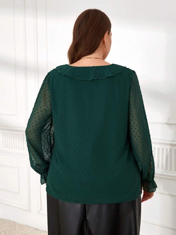 Plus Size Women Casual V-Neck Ruffle Hem Blouse, Party For Women , Green Blouses, Tops For Women Elegant, Autumn/Winter,2025 New