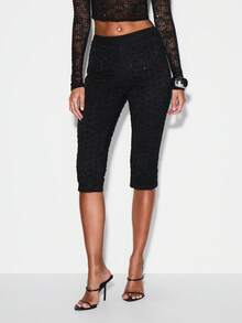 KIZN Sequined Lace Capri Leggings For Evening Party Club Outfits Dressy Occasion Wear - Black - View 1