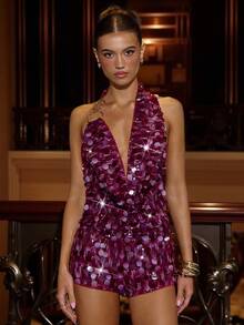 SHEIN BAE Women's Fashionable Party Gradient Sequin Shorts, Sequin Romper,Luxe Shorts, Party Shorts, Sparkly Sequin Shorts, Fall Women's Wear, Winter Women's Wear, Cocktail Wear,Burgundy Sequin Shorts