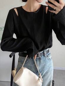 FRIFUL 女式露肩分体T恤，夏季上衣长袖上衣 - 黑色 - 查看 3