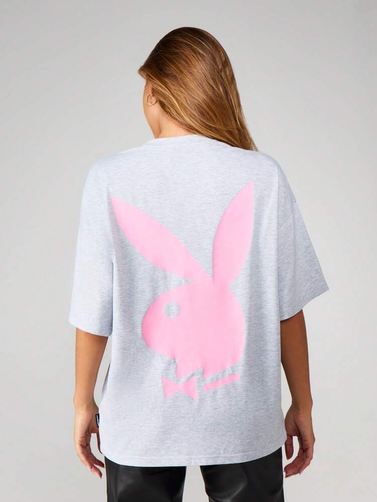 Missguided x Playboy Oversized Crew Neck Short Sleeve Bunny Logo Graphic Heather Cotton T-Shirt For Casual Daily Wear