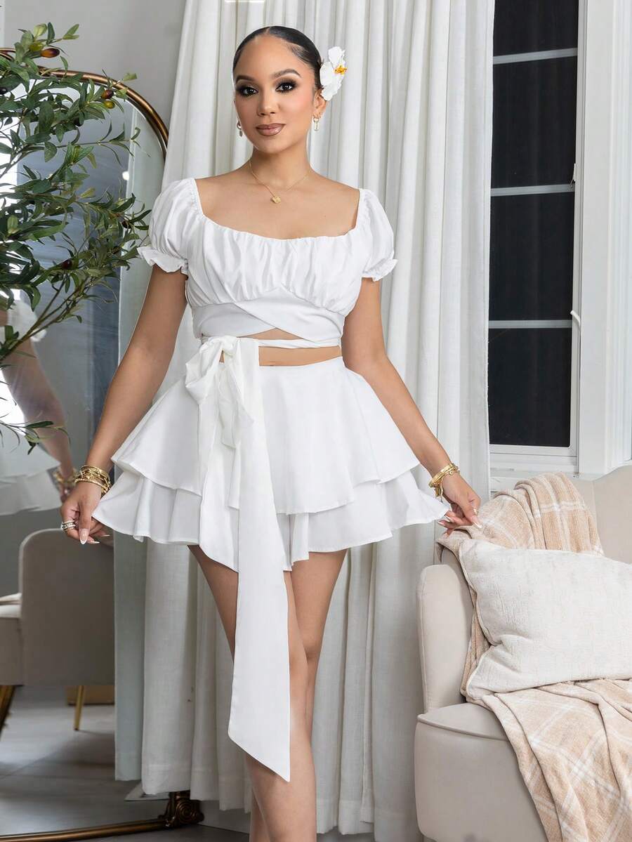 Melissa Matos 繫帶露肩上衣和分層下擺半身裙 - 白色 - 查看 1