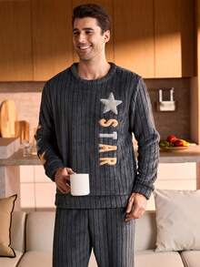 SHEIN Provexi Men's Plush Crew Neck Long Sleeve Top & Long Pants Fluffy Cozy Pajama Clothes Set, Winter - Dark Grey - View 5