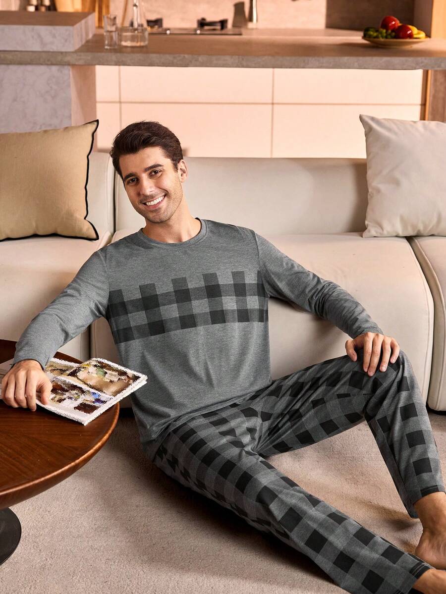 Manfinity Underwear&Sleepwear Basics 男士格子圆领长袖上衣和裤子睡衣套装，秋冬服装，圣诞节 - 深灰色 - 查看 1