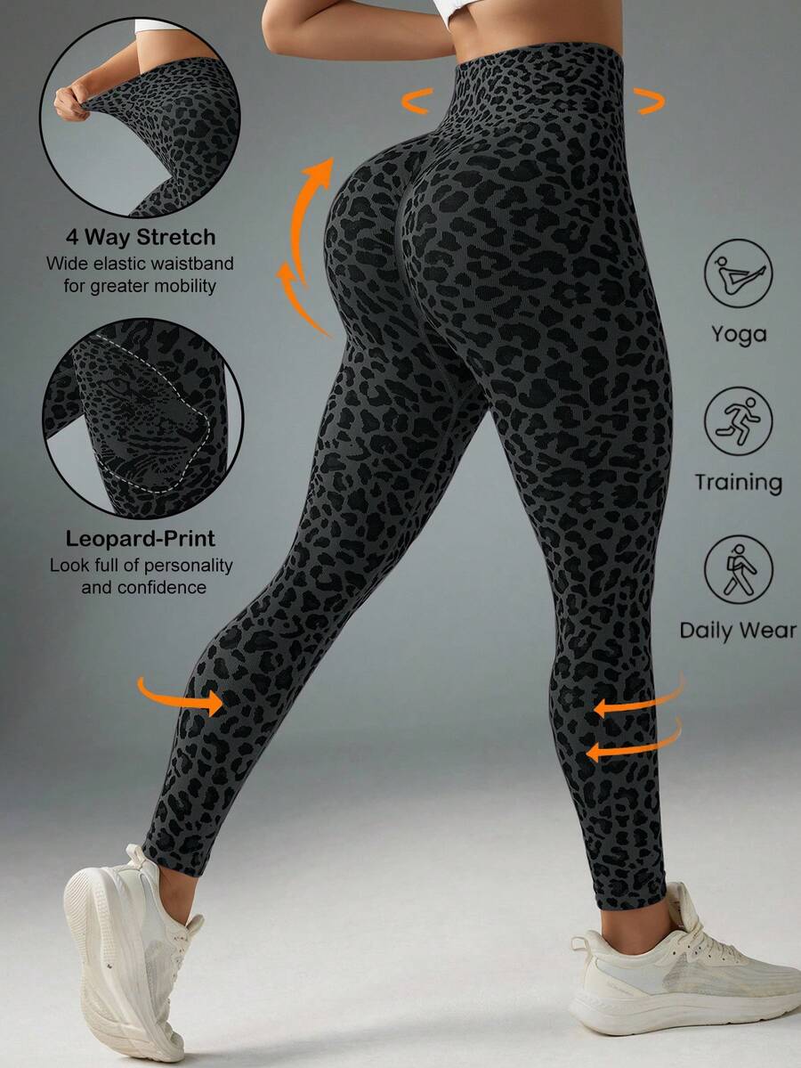 Gameset SHEIN Sport Women's Seamless Leopard Print High Stretch Leggings, Suitable For Yoga, Workout, And Daily Commute - Dark Grey - View 1