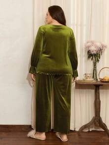 Côtesoire Plus Size French Avocado Velvet Ruched Contrast Lace Long Sleeve Top & Pants Pajama Set,Elegant Olive Green Autumn Night Wear Sleepwear - Olive Green - View 2