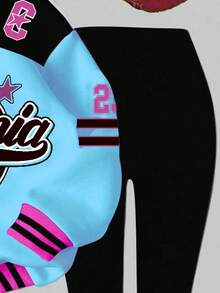 SHEIN Leap Crew 2 件套青少年女孩休闲复古字母和数字徽章图案连帽衫和紧身裤，运动风格，适合秋冬季 - 彩色 - 查看 3