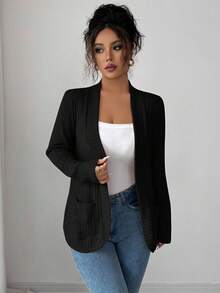 SHEIN PETITE 女式休闲罗纹羊毛开前侧口袋短款轻便夹克 - 黑色 - 查看 6