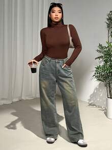 SHEIN EZwear 大码女式巧克力棕色高领长袖休闲T恤紧身衣 - 巧克力棕 - 查看 4