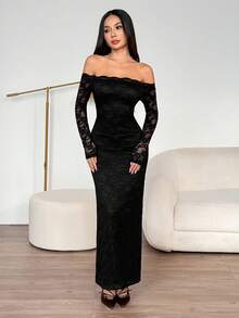 SHEIN PETITE 女式露肩长袖蕾丝拼布迷你连衣裙，夏季连衣裙春装 - 黑色 - 查看 6